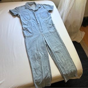 CARON CALLAHAN light medium wash blue denim straight leg cropped jumpsuit